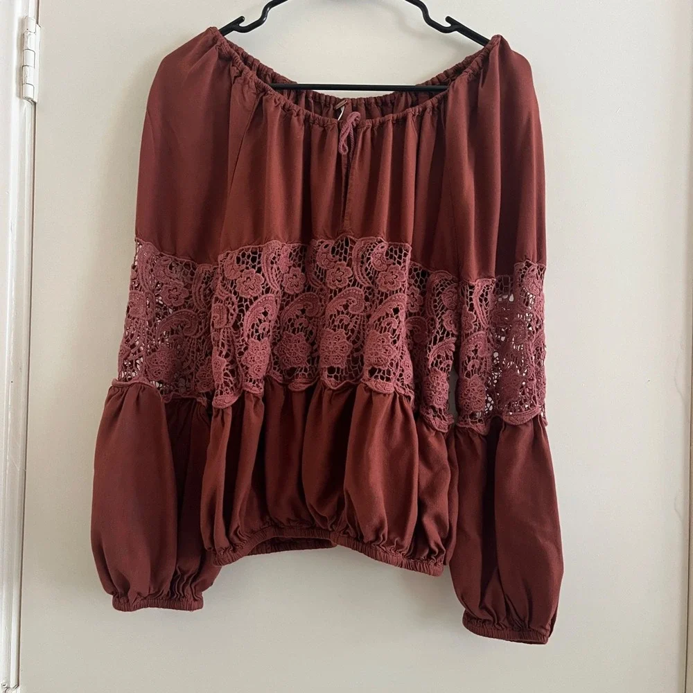 Free People Women Crochet Lace Top XS Rustic Balloon Sleeves Boho Cottage Tie